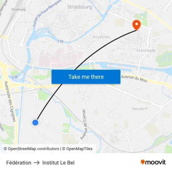 Fédération to Institut Le Bel map