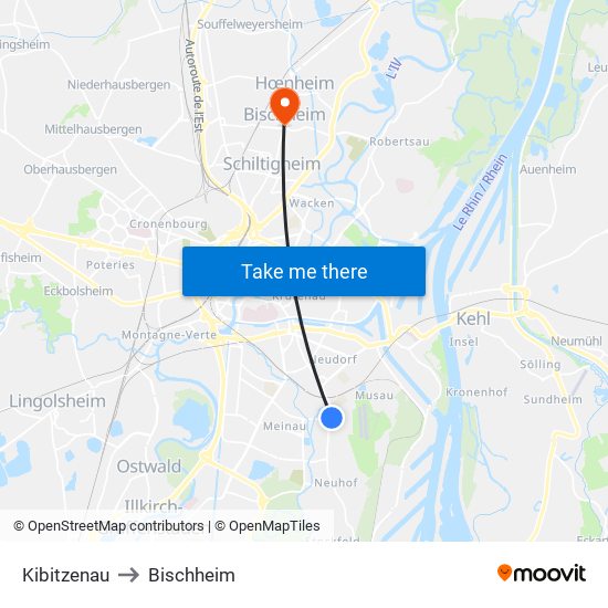 Kibitzenau to Bischheim map