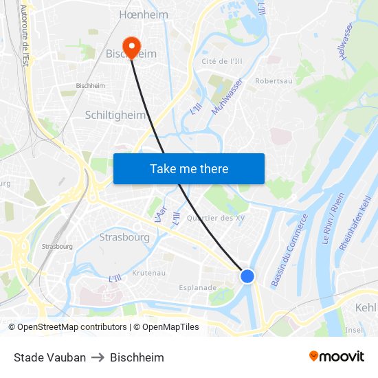 Stade Vauban to Bischheim map