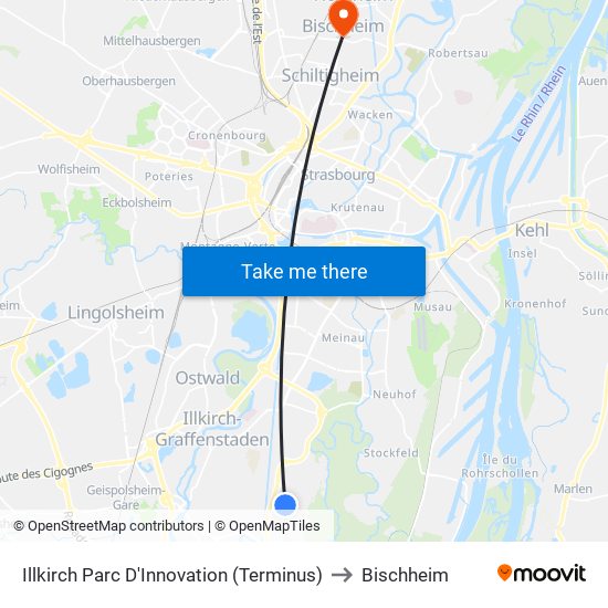 Illkirch Parc D'Innovation (Terminus) to Bischheim map