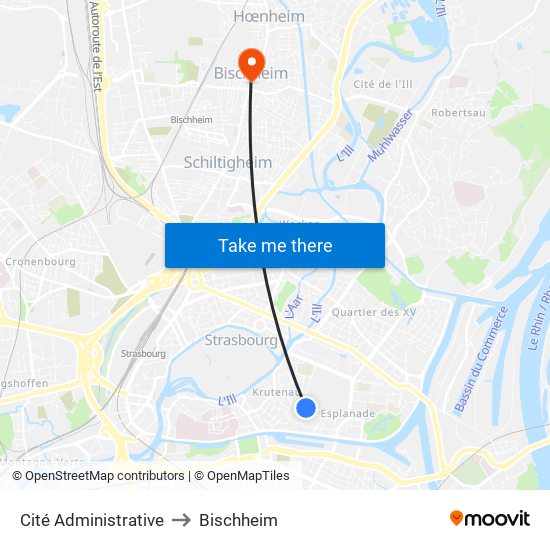 Cité Administrative to Bischheim map