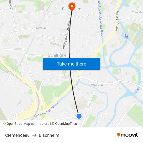 Clemenceau to Bischheim map