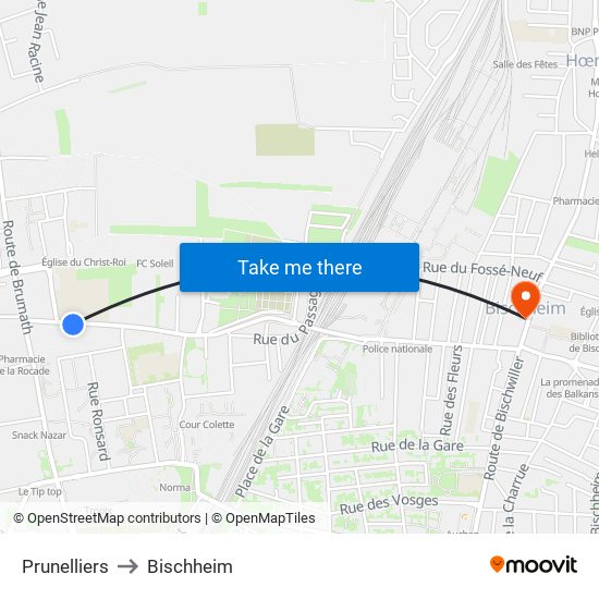 Prunelliers to Bischheim map