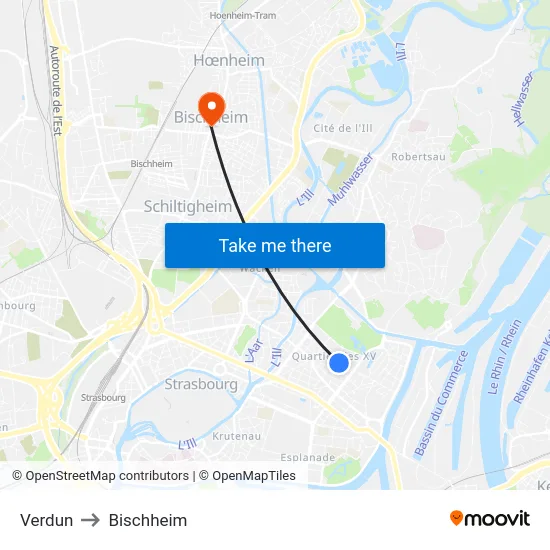 Verdun to Bischheim map
