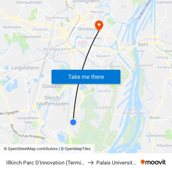 Illkirch Parc D'Innovation (Terminus) to Palais Universitaire map