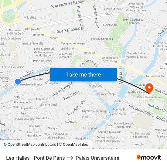 Les Halles - Pont De Paris to Palais Universitaire map