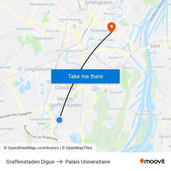 Graffenstaden Digue to Palais Universitaire map
