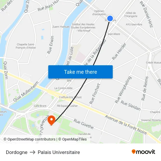 Dordogne to Palais Universitaire map
