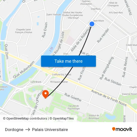 Dordogne to Palais Universitaire map