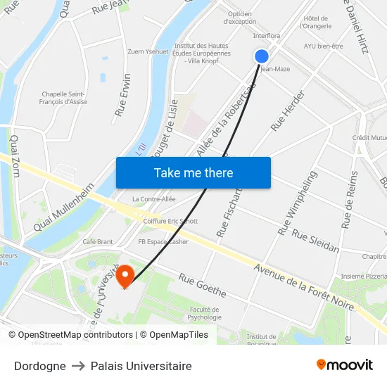 Dordogne to Palais Universitaire map