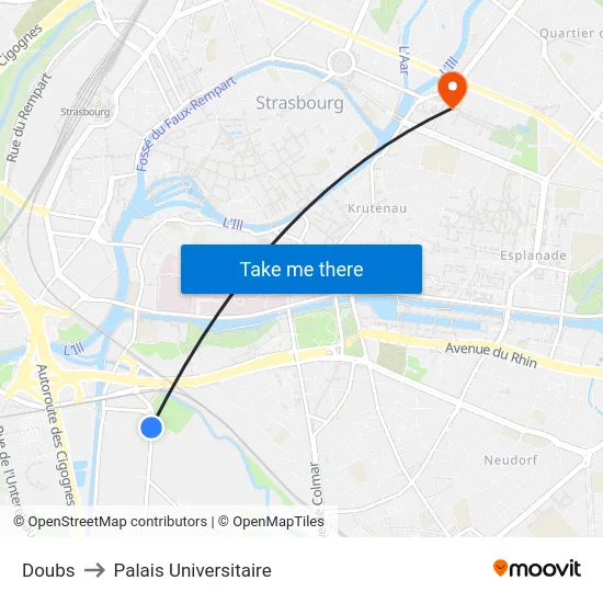 Doubs to Palais Universitaire map