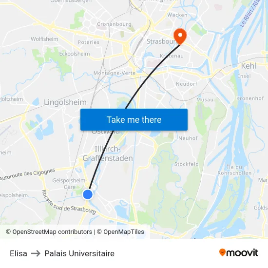Elisa to Palais Universitaire map