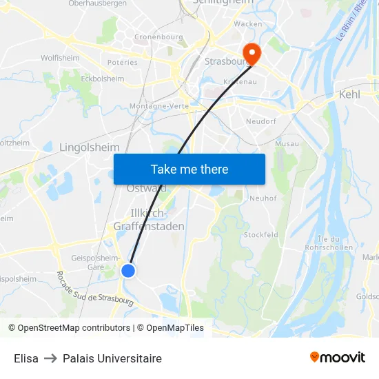 Elisa to Palais Universitaire map