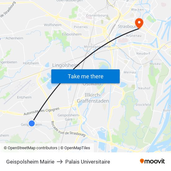 Geispolsheim Mairie to Palais Universitaire map