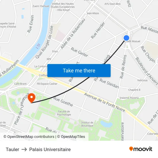 Tauler to Palais Universitaire map