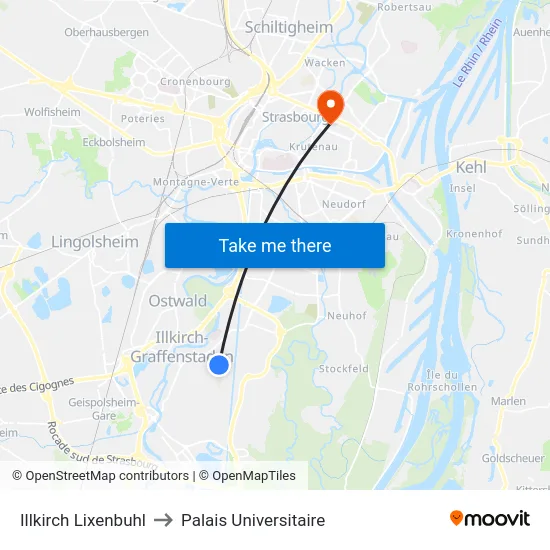 Illkirch Lixenbuhl to Palais Universitaire map