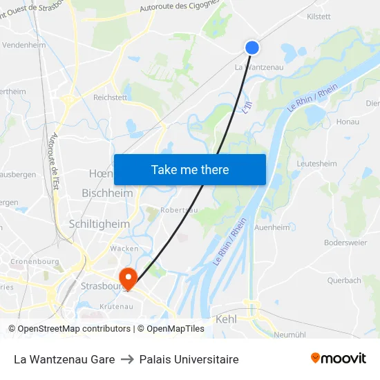 La Wantzenau Gare to Palais Universitaire map