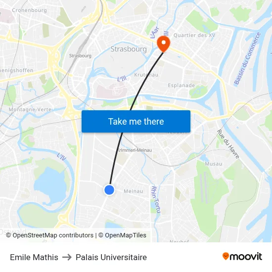 Emile Mathis to Palais Universitaire map
