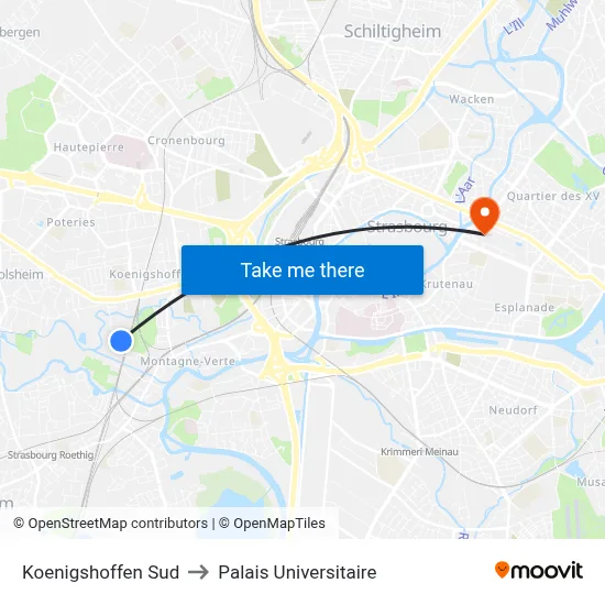 Koenigshoffen Sud to Palais Universitaire map