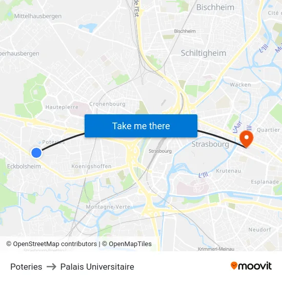 Poteries to Palais Universitaire map