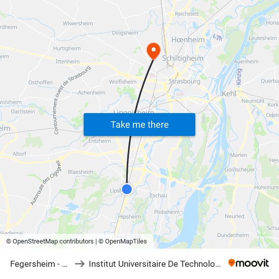 Fegersheim - Lipsheim to Institut Universitaire De Technologie Louis Pasteur map