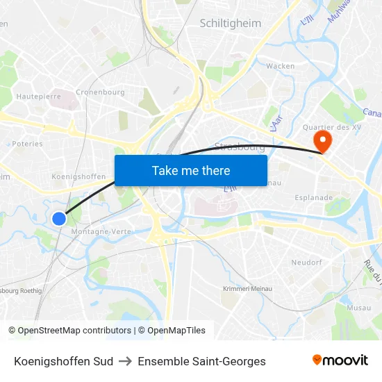 Koenigshoffen Sud to Ensemble Saint-Georges map