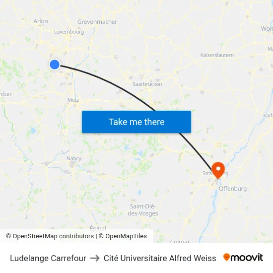 Ludelange Carrefour to Cité Universitaire Alfred Weiss map