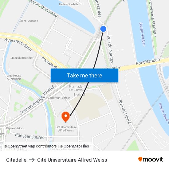 Citadelle to Cité Universitaire Alfred Weiss map