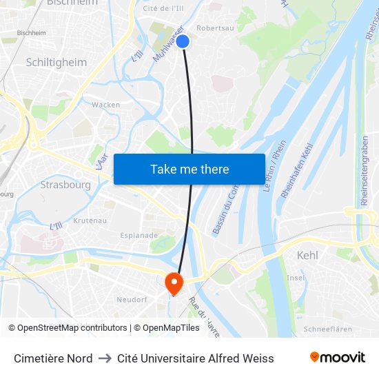 Cimetière Nord to Cité Universitaire Alfred Weiss map