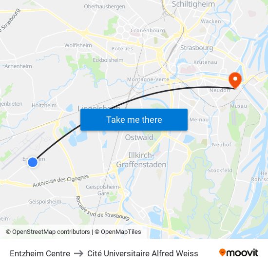 Entzheim Centre to Cité Universitaire Alfred Weiss map