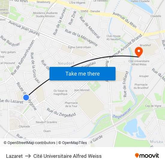 Lazaret to Cité Universitaire Alfred Weiss map