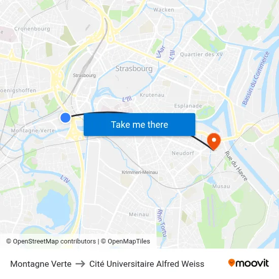 Montagne Verte to Cité Universitaire Alfred Weiss map