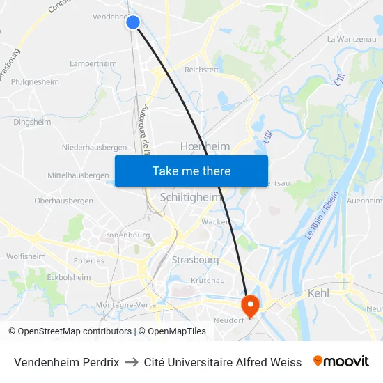 Vendenheim Perdrix to Cité Universitaire Alfred Weiss map