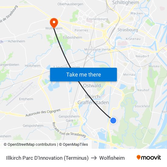 Illkirch Parc D'Innovation (Terminus) to Wolfisheim map