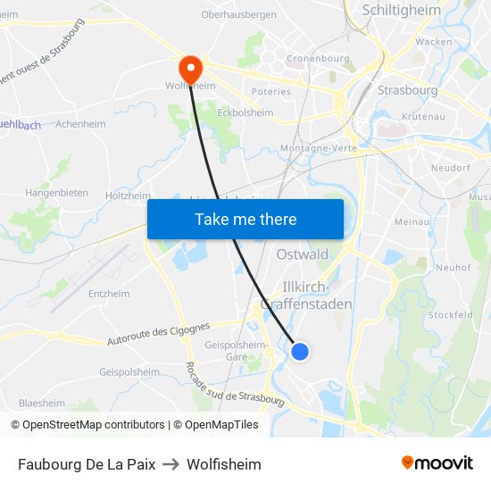 Faubourg De La Paix to Wolfisheim map