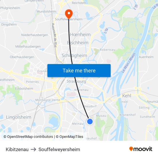 Kibitzenau to Souffelweyersheim map