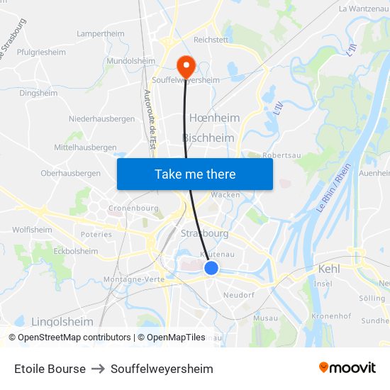 Etoile Bourse to Souffelweyersheim map