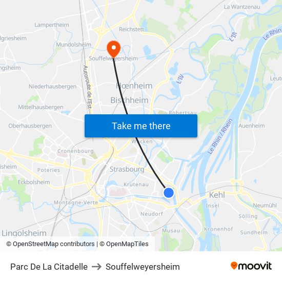 Parc De La Citadelle to Souffelweyersheim map