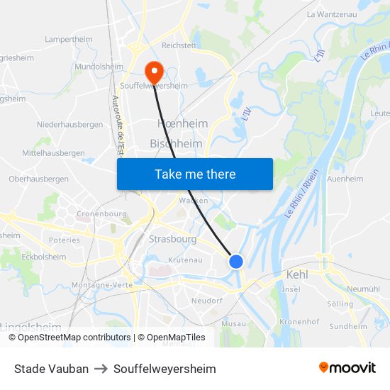 Stade Vauban to Souffelweyersheim map