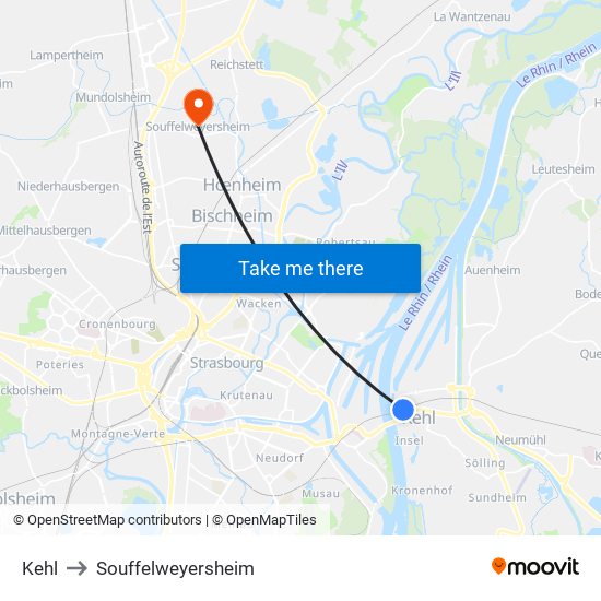 Kehl to Souffelweyersheim map