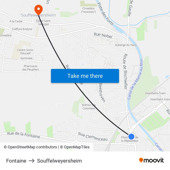 Fontaine to Souffelweyersheim map
