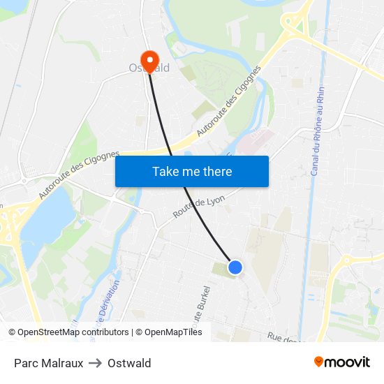 Parc Malraux to Ostwald map