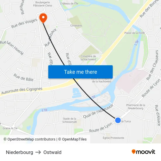 Niederbourg to Ostwald map