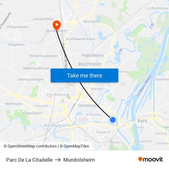 Parc De La Citadelle to Mundolsheim map