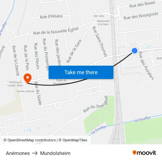 Anémones to Mundolsheim map