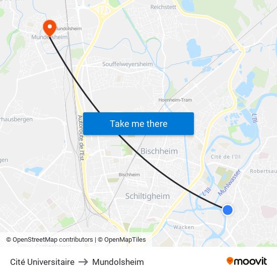 Cité Universitaire to Mundolsheim map