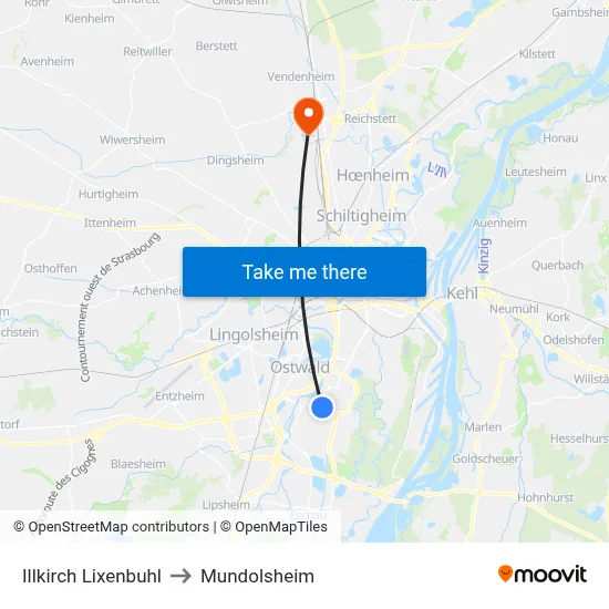 Illkirch Lixenbuhl to Mundolsheim map