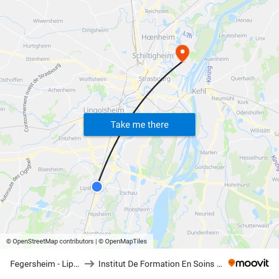 Fegersheim - Lipsheim to Institut De Formation En Soins Infirmiers map