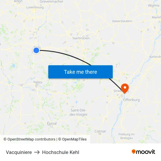 Vacquiniere to Hochschule Kehl map