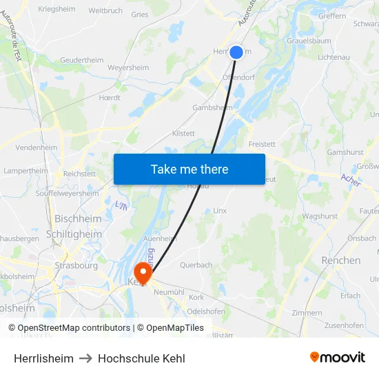 Herrlisheim to Hochschule Kehl map